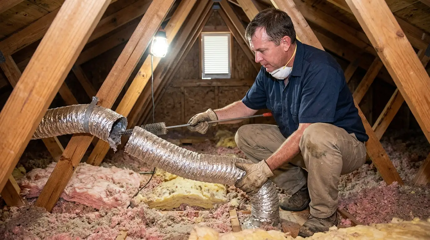 technician clearing a sagging flexible dryer duct in a hot attic above an interior laundry room in Valrico Florida, work light in use, photorealistic