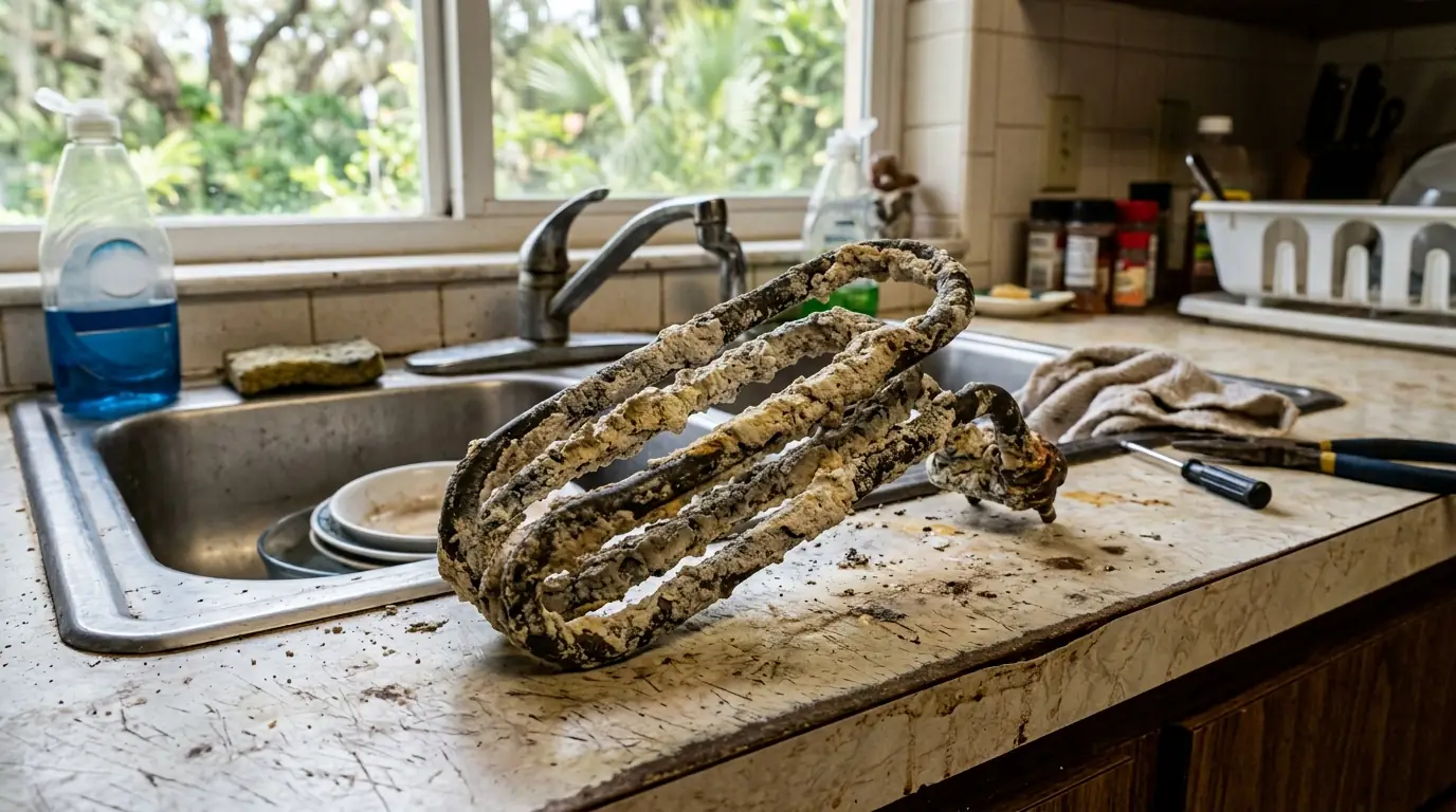 close view of heavy mineral scale on a dishwasher heating element removed in a rural Lutz Florida kitchen, photorealistic