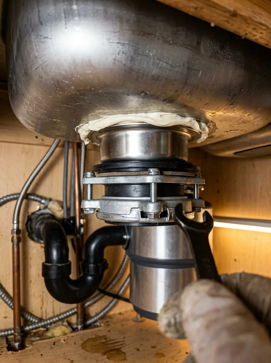 close view of a new garbage disposal mounting ring and sink flange being sealed with plumbers putty under a Tampa Florida kitchen sink, photorealistic