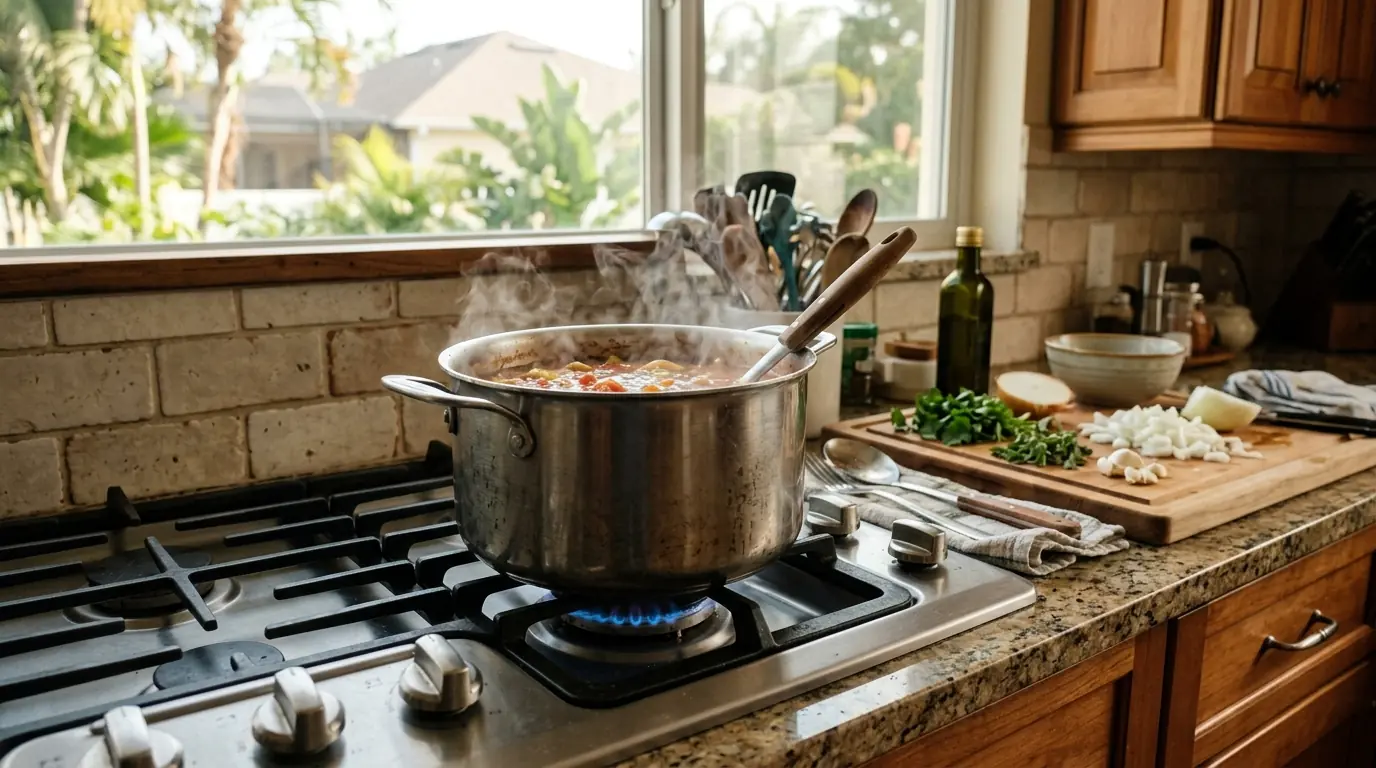 gas range with a pot on the burner in a Tampa Florida home kitchen, editorial blog thumbnail, photorealistic