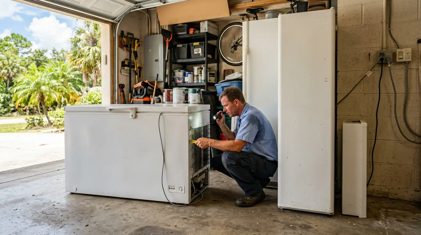 chest freezer and second refrigerator standing in a large hot garage in Land O Lakes Florida with a technician checking clearance behind them, photorealistic
