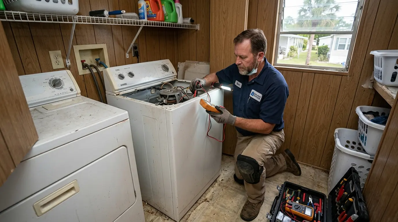 technician checking a washing machine that has stood idle for months in a seasonal manufactured home in Zephyrhills Florida, photorealistic