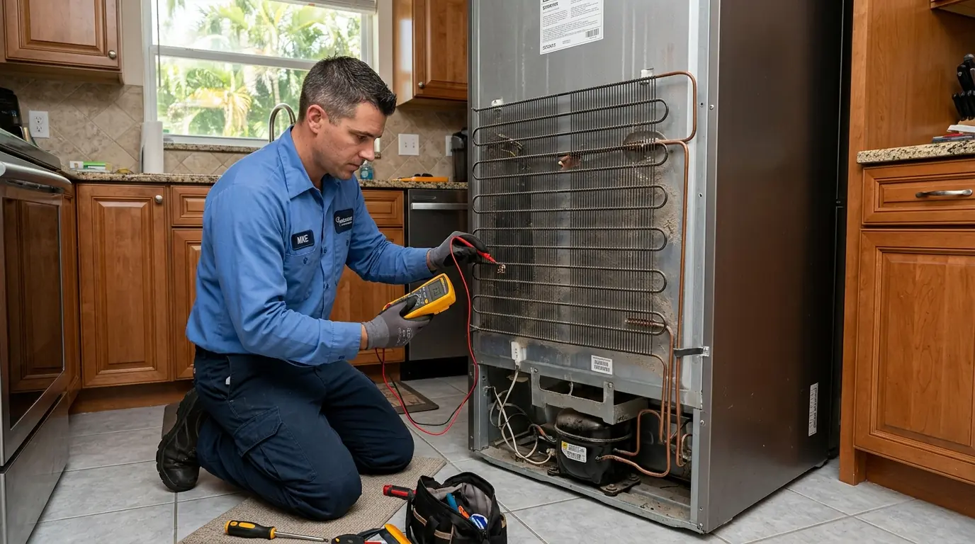 technician testing the condenser coils behind a pulled out refrigerator in a Tampa Florida kitchen, multimeter in hand, photorealistic