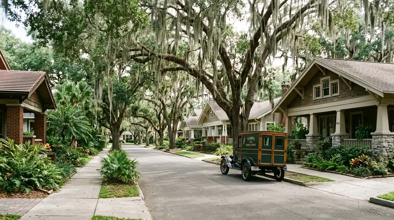 1920s craftsman bungalow street in Tampa Florida with mature oaks and a service van at the curb, photorealistic