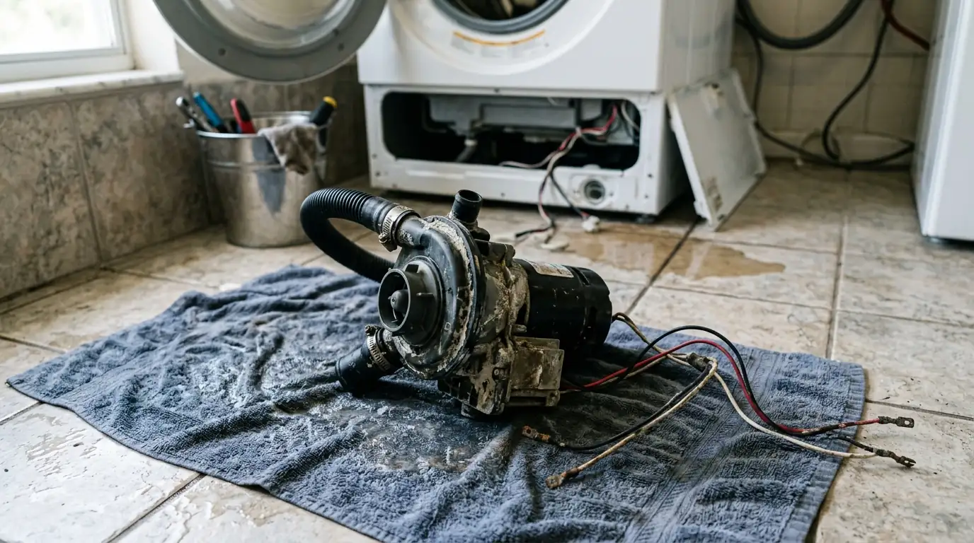 close view of a washing machine drain pump removed on a towel, Tampa Florida laundry room floor, photorealistic