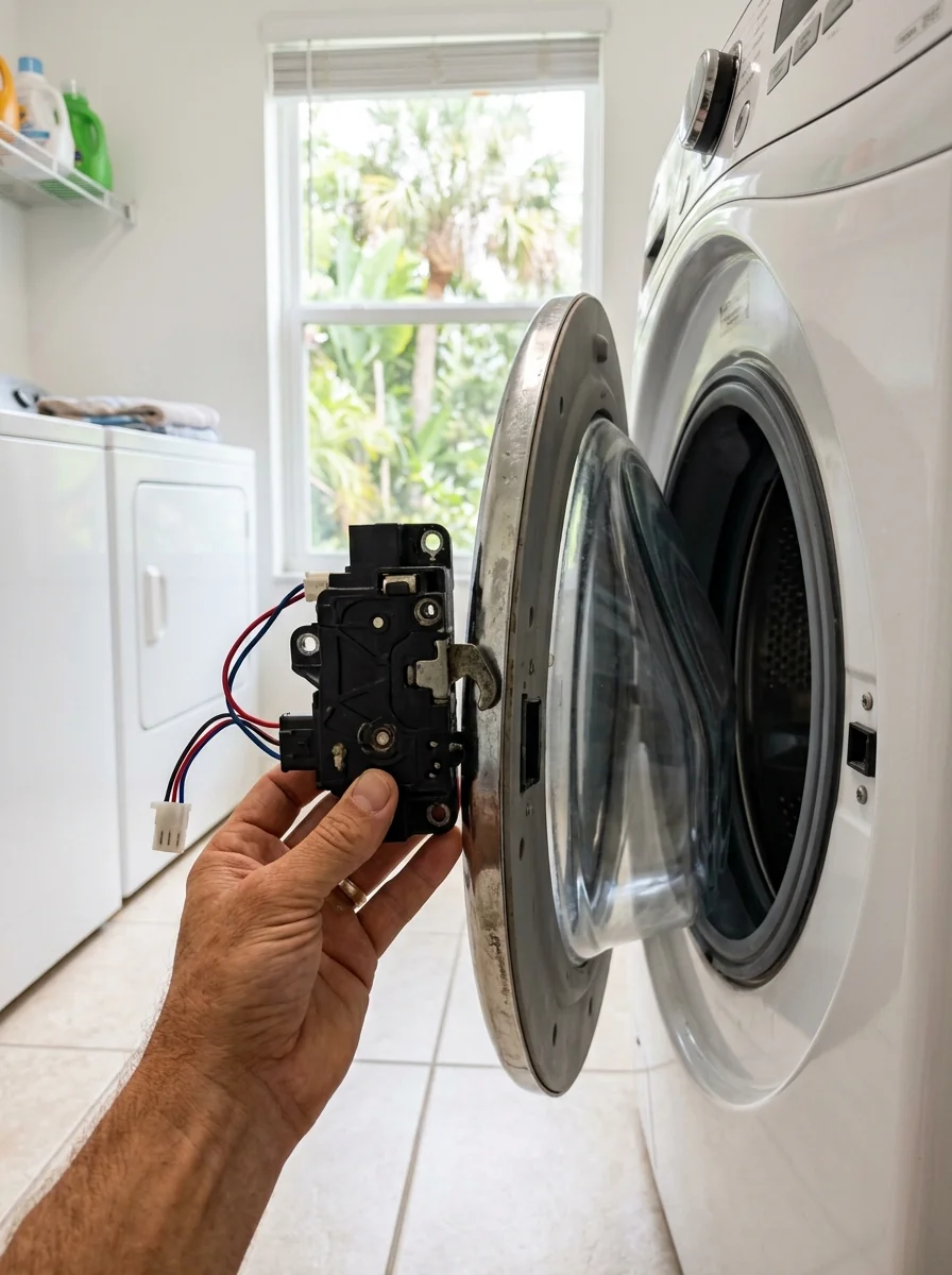close view of a front load washer door lock assembly removed and held beside the opened door frame, Tampa Florida laundry room, photorealistic