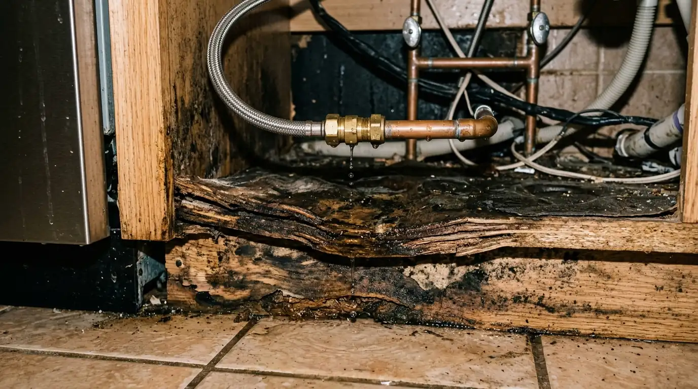 close view of a damp swollen particle board cabinet base beneath a weeping dishwasher supply fitting in a Tampa Florida kitchen, photorealistic