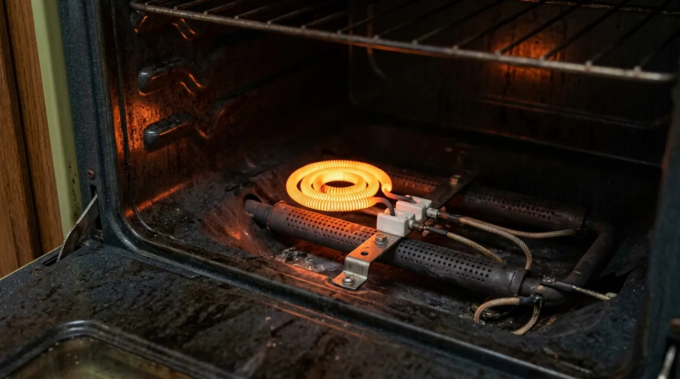 close view of a hot surface igniter glowing inside an older gas oven cavity in a Port Tampa Florida cottage kitchen, photorealistic