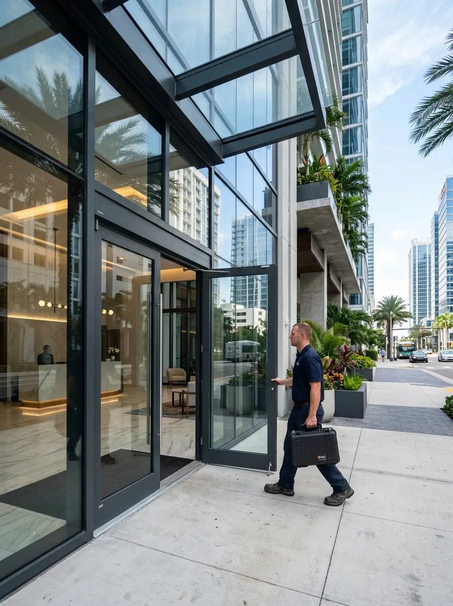 modern high rise condominium lobby entrance in downtown Tampa Florida with a technician carrying a parts case, photorealistic