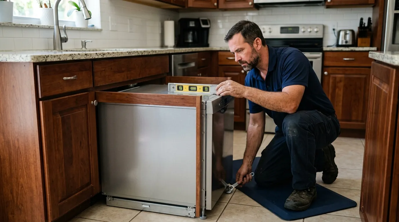 technician leveling a newly installed dishwasher in a Tampa Florida kitchen cabinet opening, level tool on the door, photorealistic