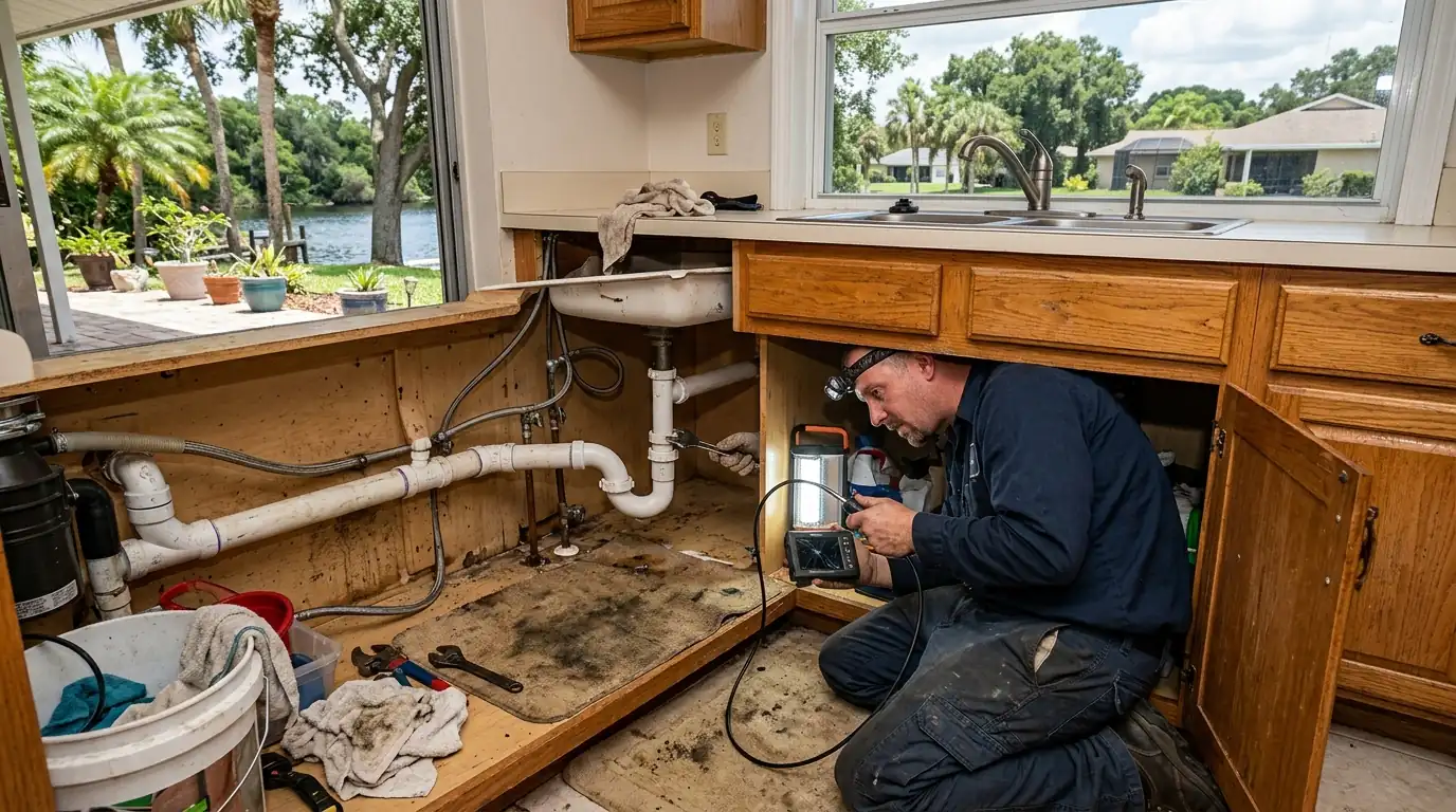 technician checking a long kitchen drain run under the sink of a riverside block ranch home in Temple Crest Tampa Florida, photorealistic