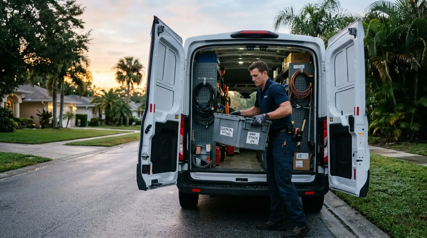 technician loading a labeled parts bin into a service van early in the morning in Tampa Florida, photorealistic