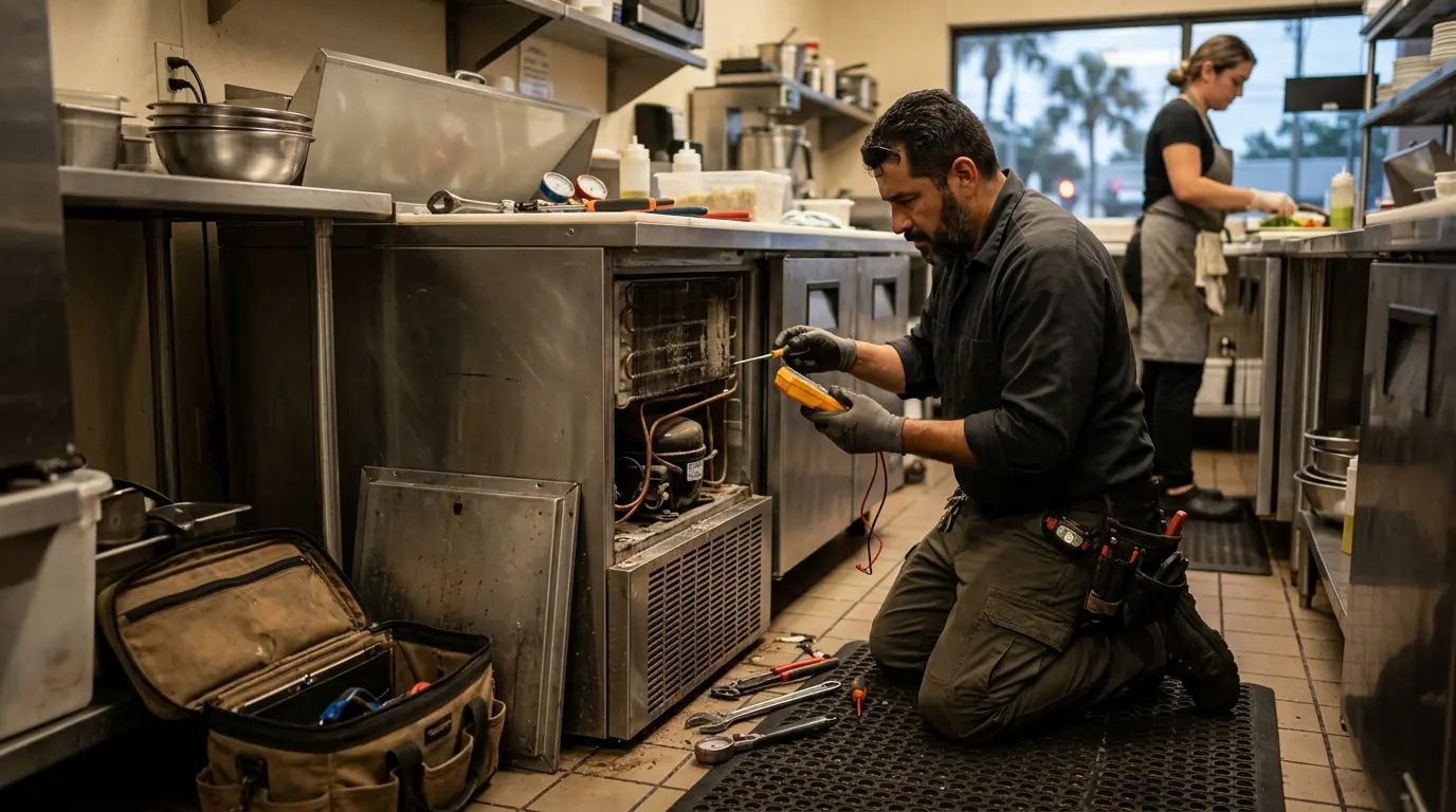 technician servicing a stainless undercounter refrigerator in a small Tampa Florida cafe kitchen before opening, photorealistic