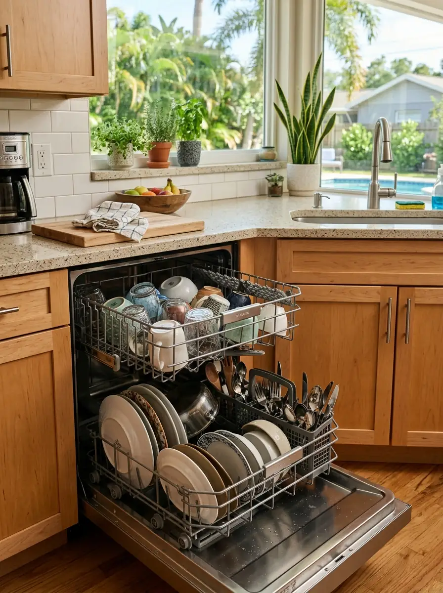 open dishwasher loaded with dishes in a Tampa Florida kitchen, editorial blog thumbnail, photorealistic