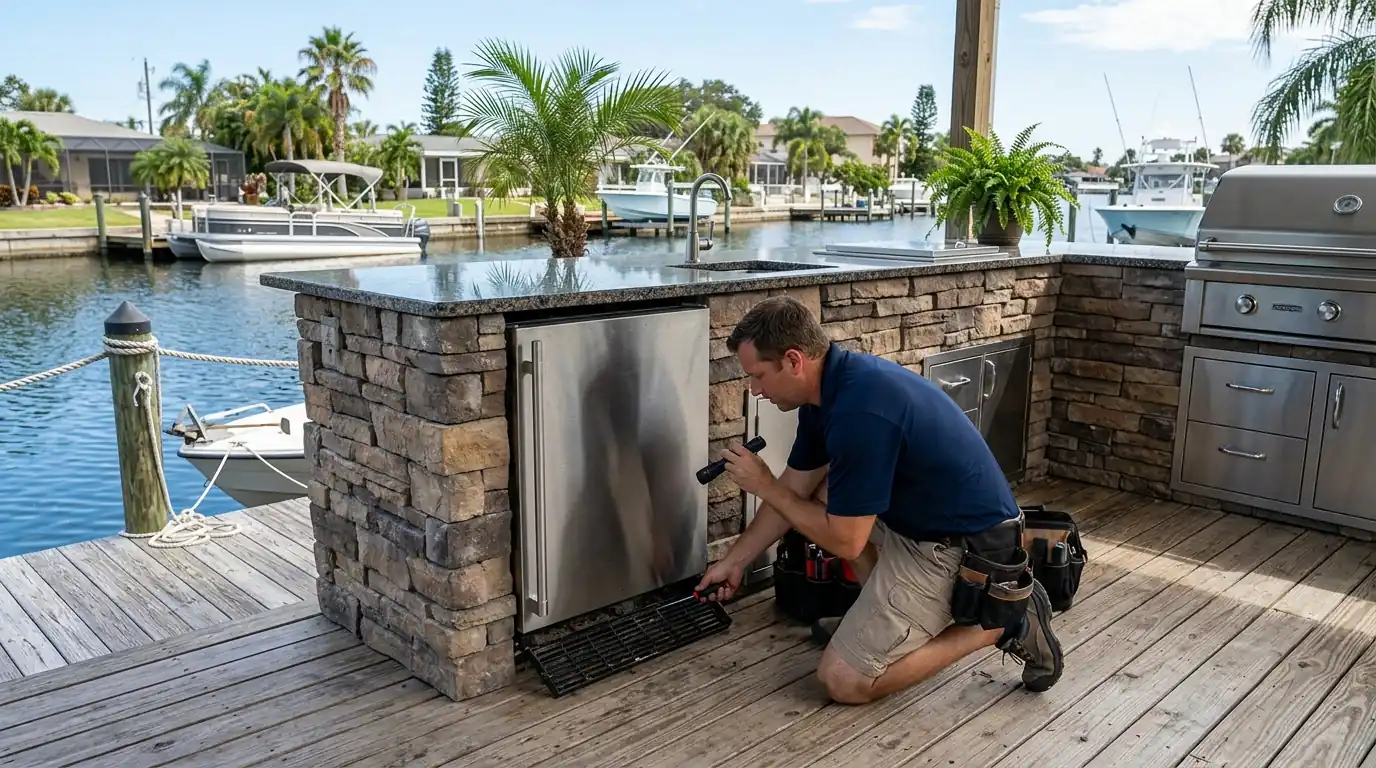outdoor kitchen with a stainless undercounter refrigerator beside a canal front dock in Apollo Beach Florida, technician checking the vent grille, photorealistic