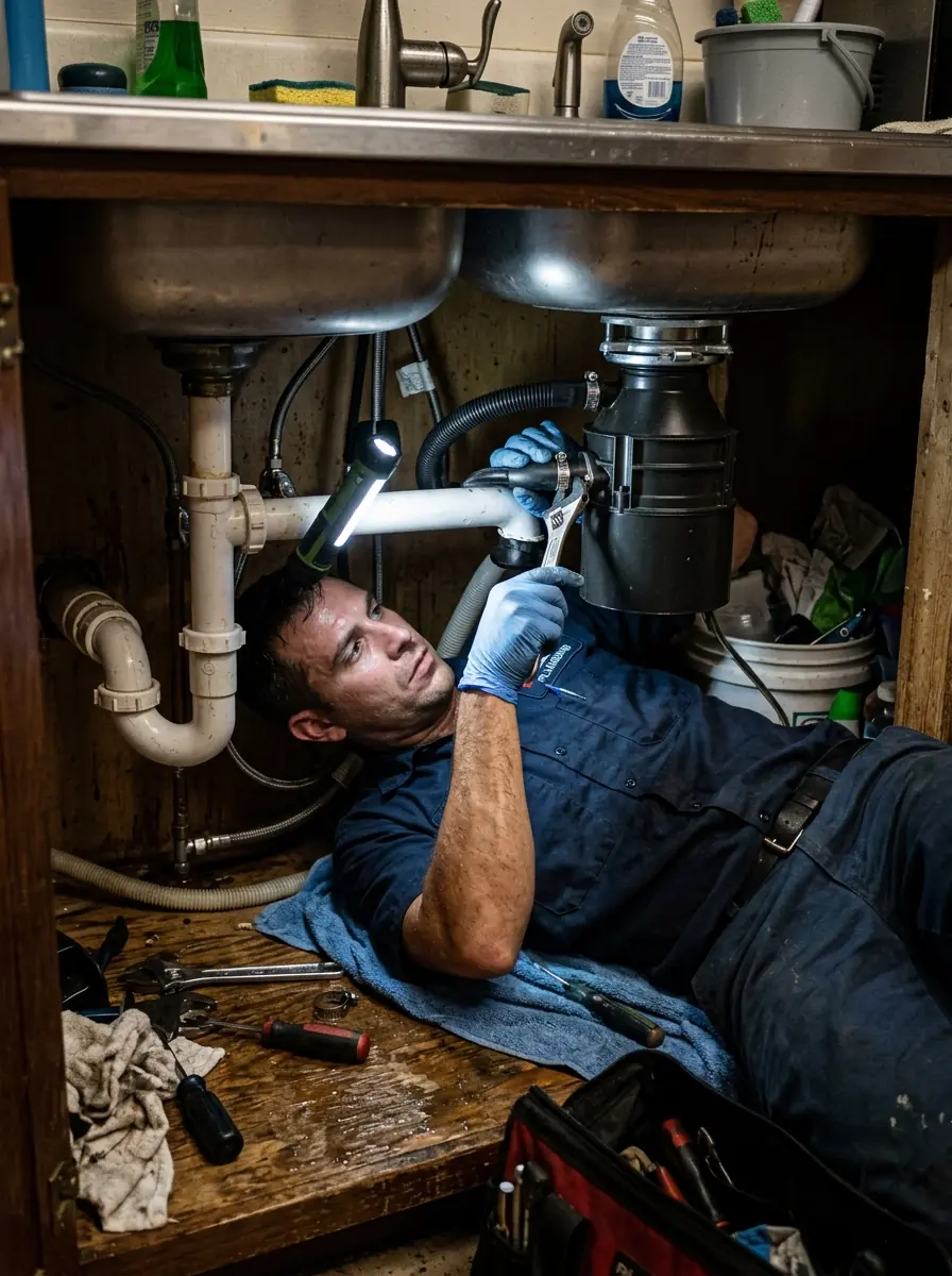 technician working under a Tampa Florida kitchen sink on a garbage disposal and dishwasher drain connection, flashlight beam, photorealistic
