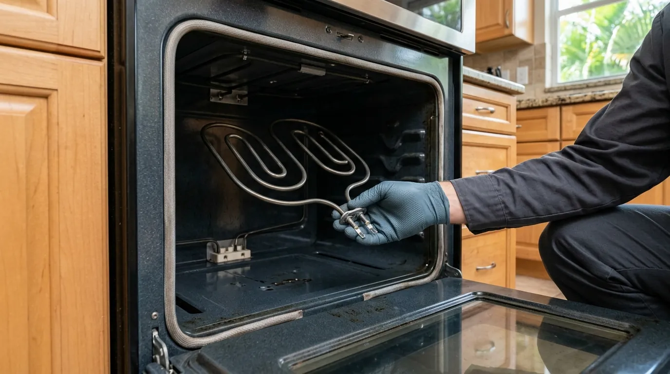 close view of a technician gloved hand fitting a new bake element inside an empty oven cavity, Tampa Florida kitchen, photorealistic