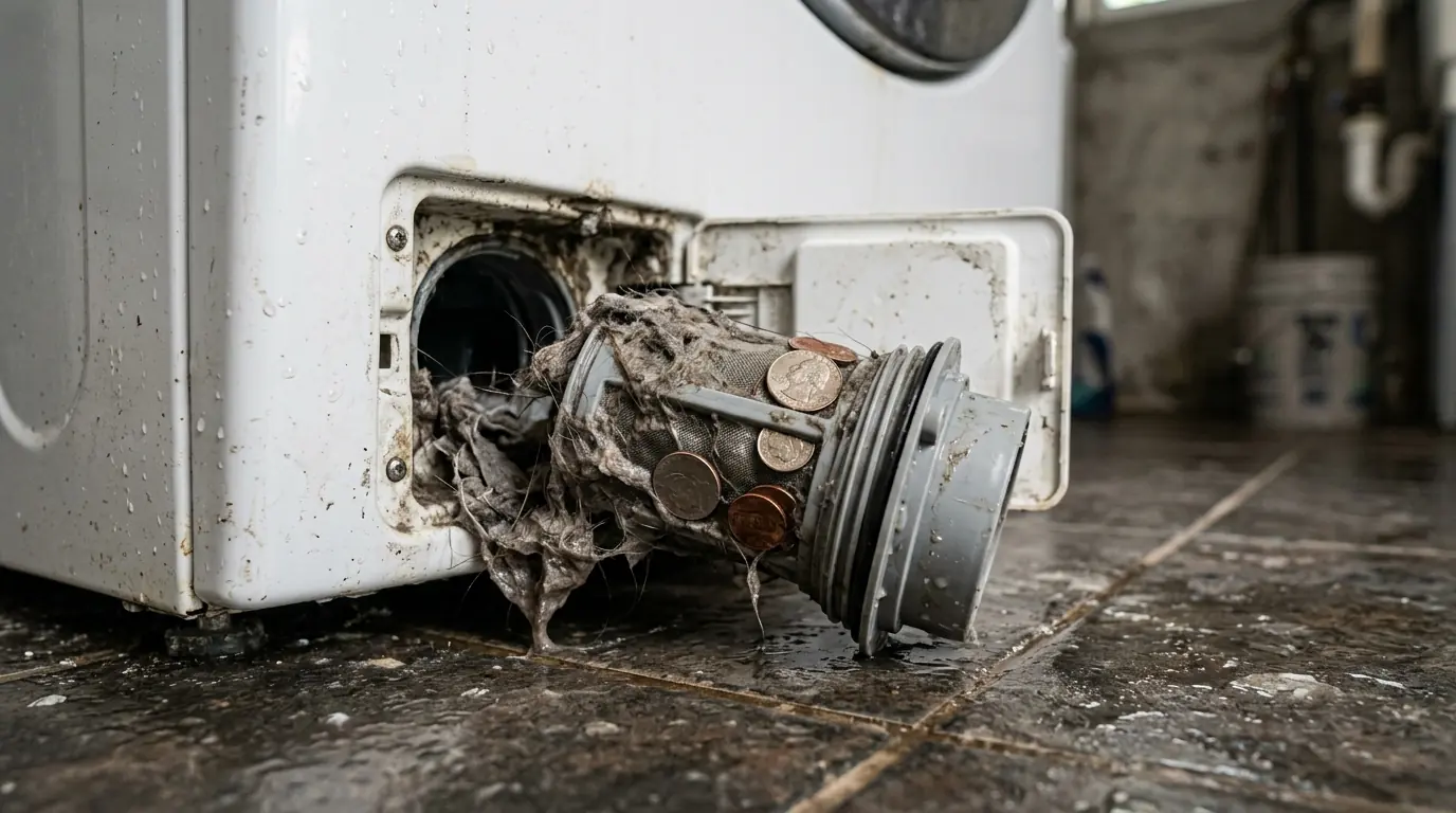 close view of a washing machine drain pump filter opened with coins and lint visible, Tampa Florida laundry room floor, photorealistic