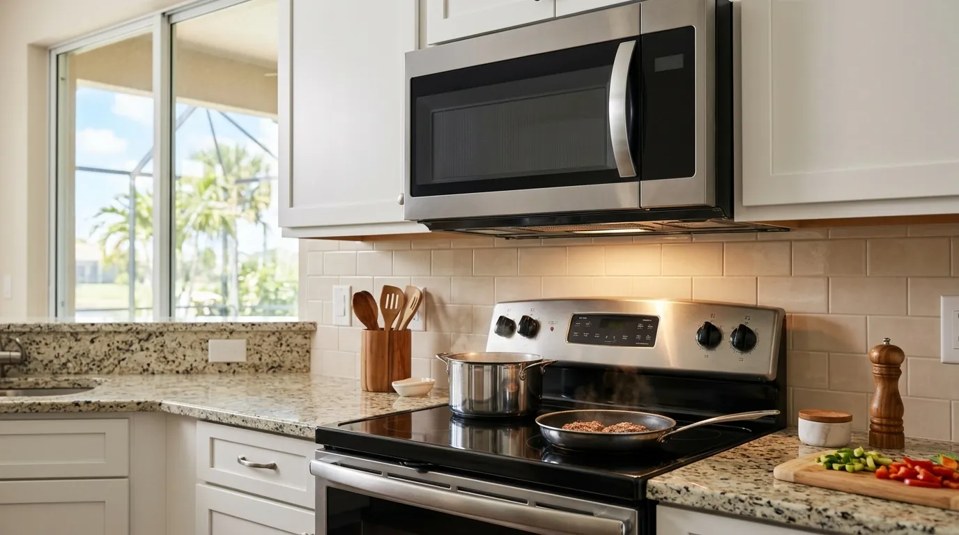 microwave and range hood above a Tampa Florida kitchen range, editorial blog thumbnail, photorealistic