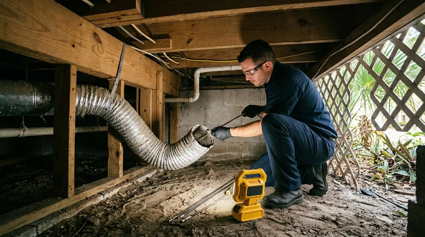 technician clearing a sagging dryer duct in the crawl space beneath a raised frame bungalow in Tampa Florida, work light in use, photorealistic