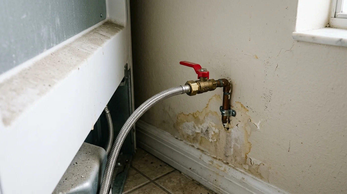 close view of a braided stainless refrigerator supply line and quarter turn shutoff valve behind a Tampa Florida kitchen appliance, water stain on the wall, photorealistic