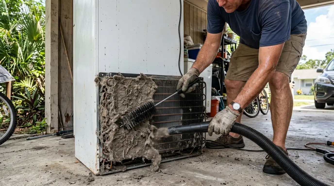 close view of a refrigerator condenser coil packed with a thick mat of dust being cleaned in a Tampa Florida carport kitchen, photorealistic