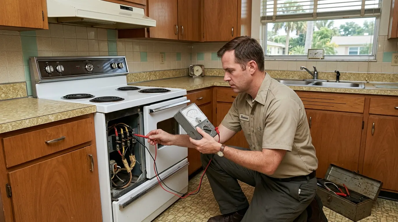 technician testing current draw at a range in a 1960s mid century block ranch kitchen in Forest Hills Tampa Florida, photorealistic