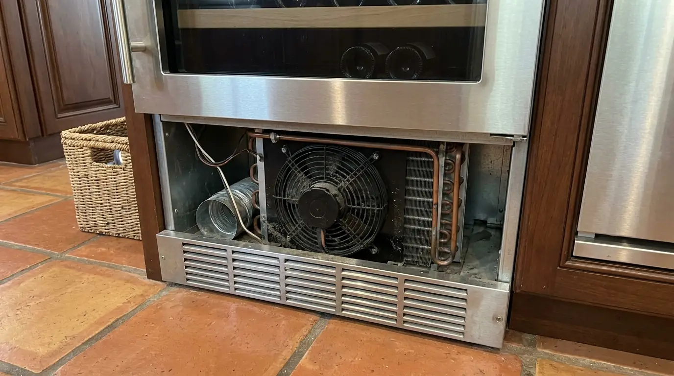 close view of a built in wine cooler with the lower grille removed showing the condenser fan and ventilation path, Tampa Florida kitchen, photorealistic