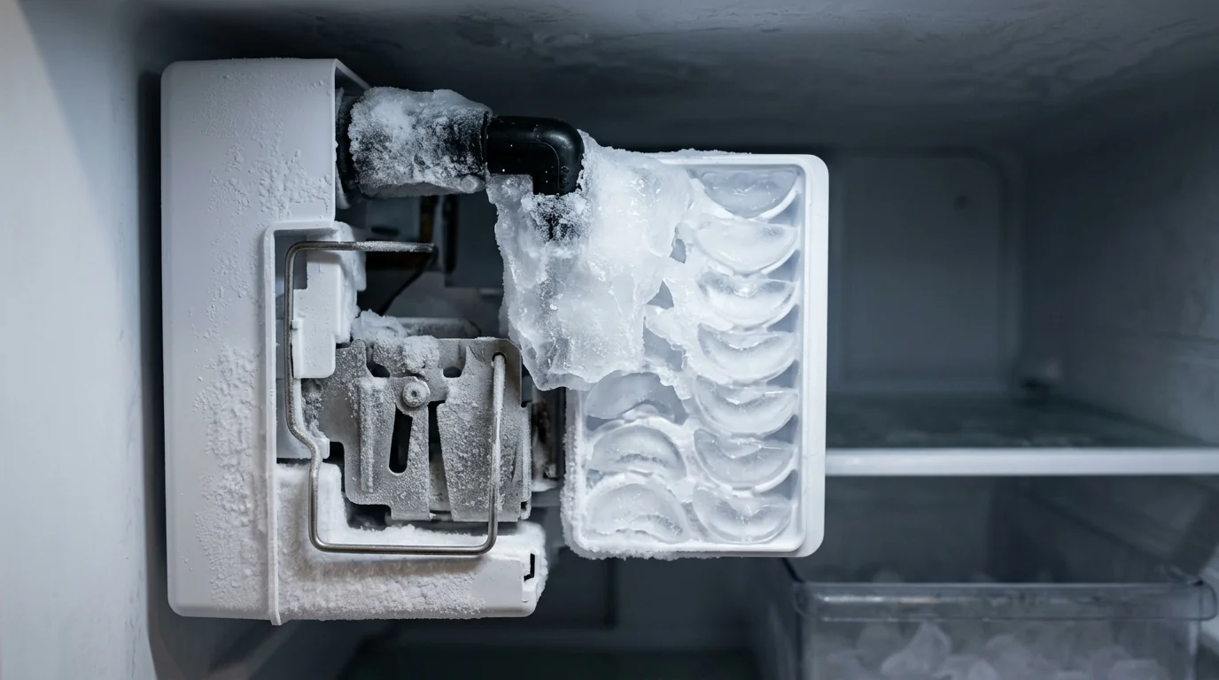 close view of a refrigerator ice maker module with a frozen fill tube and ice bridging the mold, Tampa Florida kitchen, photorealistic