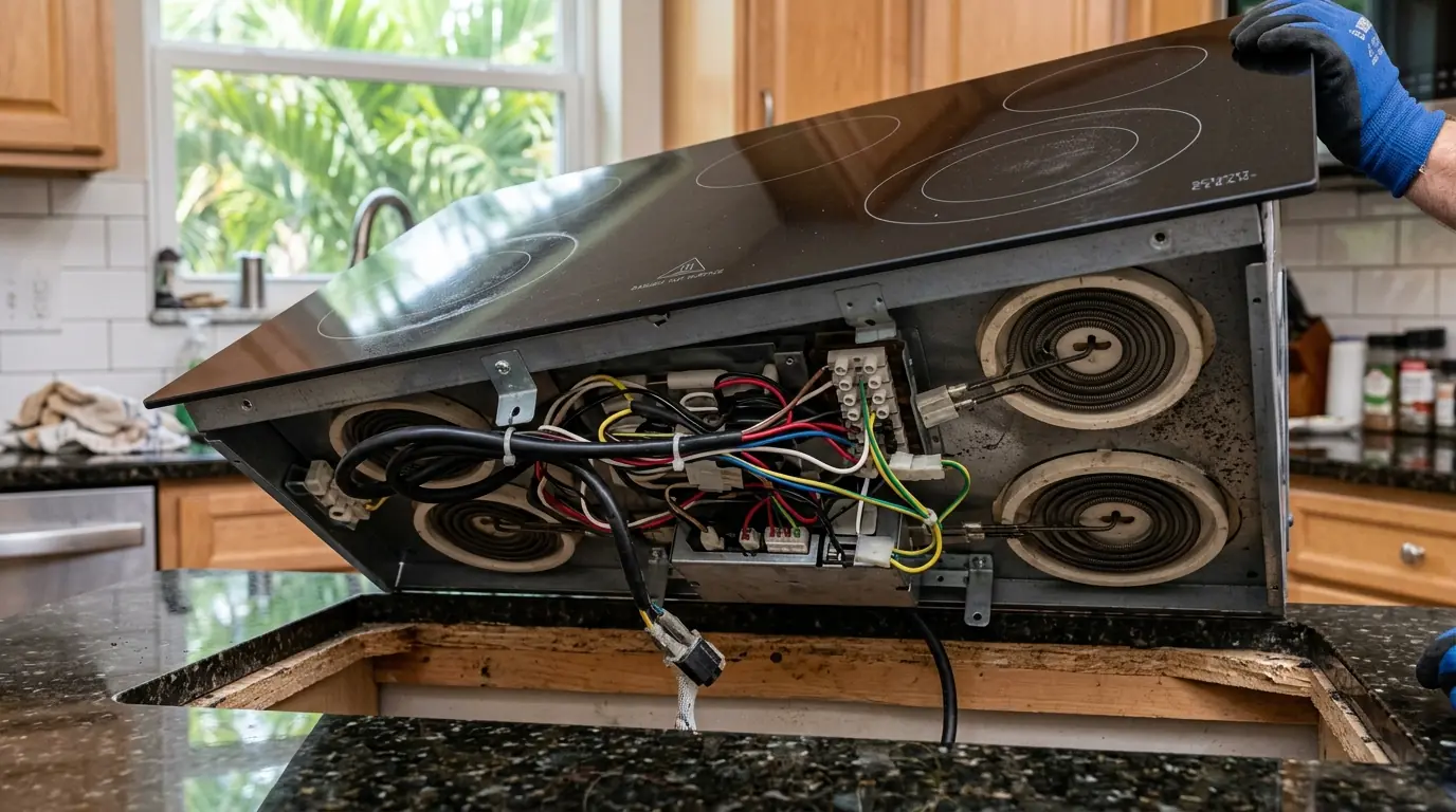 close view of a glass radiant cooktop lifted from the counter cutout showing the element wiring underneath, Tampa Florida kitchen, photorealistic