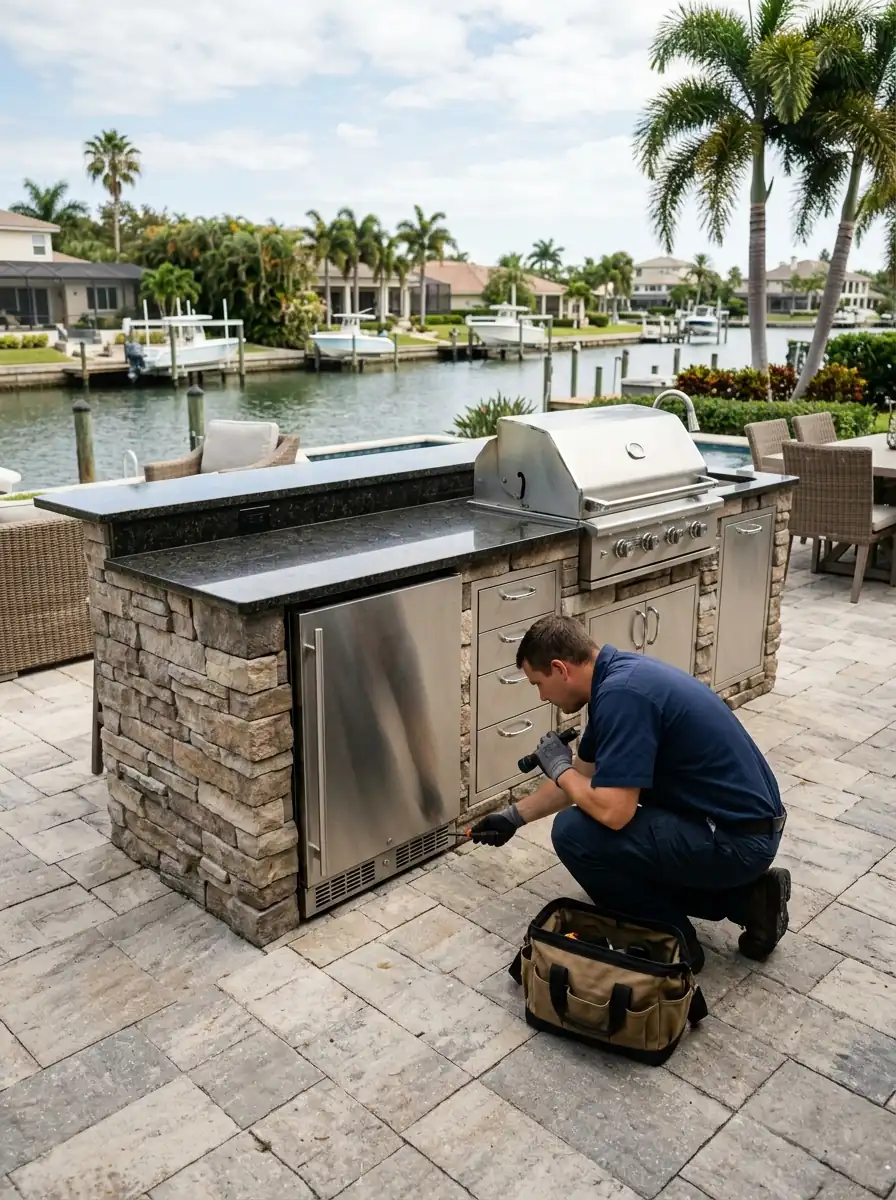 outdoor kitchen with a stainless undercounter refrigerator beside a canal front patio in Beach Park Tampa Florida, technician checking the vent grille, photorealistic