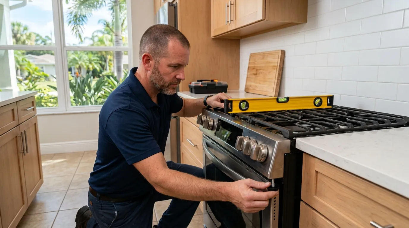 technician using a spirit level on a newly installed range in a Tampa Florida kitchen while adjusting the leveling feet, photorealistic