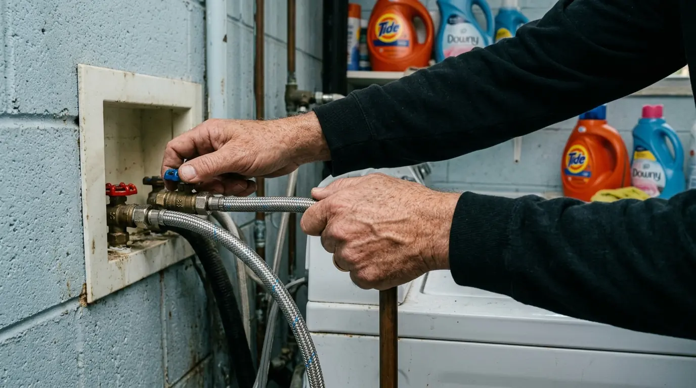 close view of hands closing a washing machine supply valve behind a machine in a Tampa Florida laundry room, photorealistic
