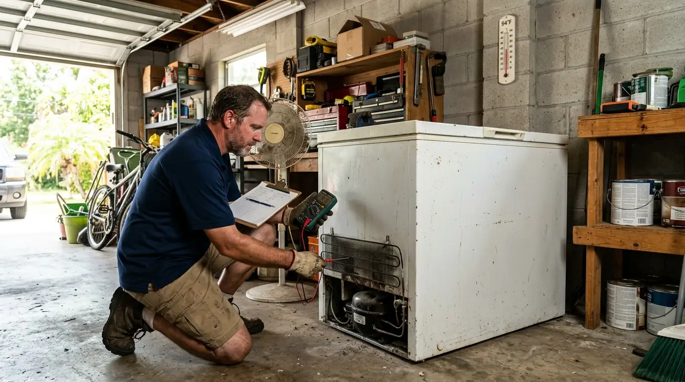 chest freezer standing in a hot shaded Tampa Florida garage with a technician checking the condenser and recording the ambient temperature, photorealistic