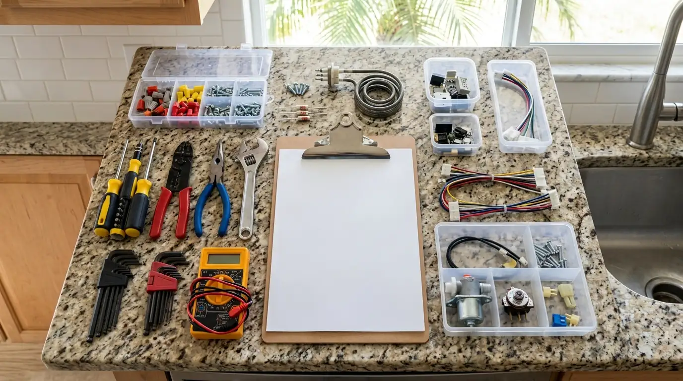 wide overhead view of appliance repair tools, parts and a service checklist arranged on a Tampa Florida kitchen counter, editorial composition, photorealistic