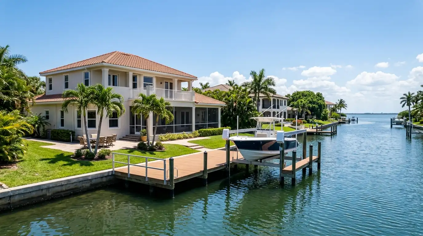 waterfront home on a canal in the Tampa Florida bay area with a dock and boat lift, bright afternoon, photorealistic