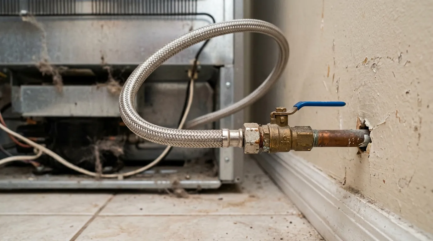 close view of a braided refrigerator water supply line and shutoff valve behind a Tampa Florida kitchen appliance, photorealistic