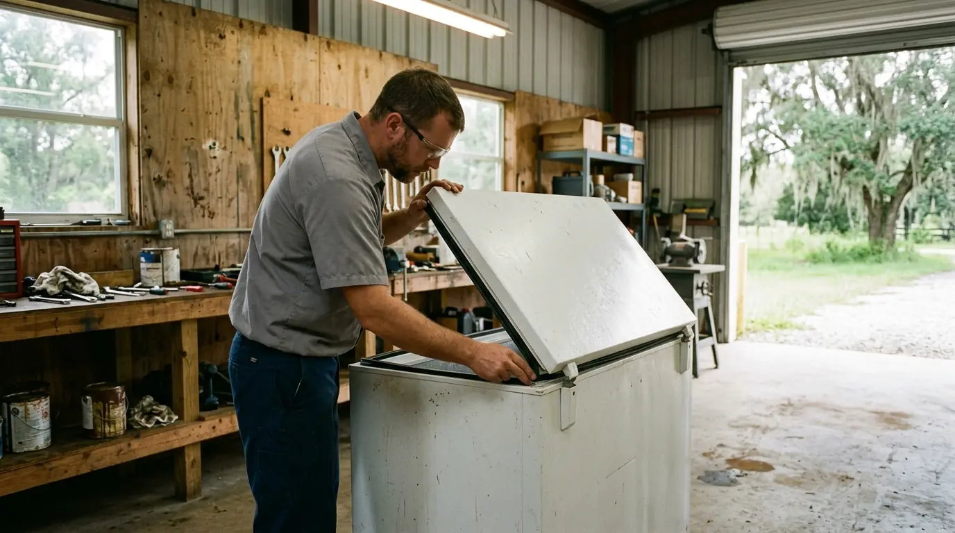chest freezer in an unconditioned workshop on an acreage property near Thonotosassa Florida with a technician checking the lid seal, photorealistic