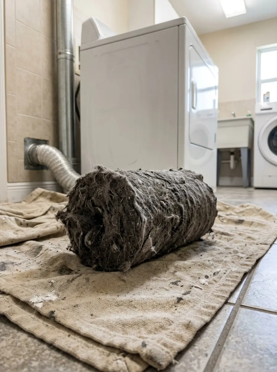 close view of a thick compacted lint plug pulled from a dryer duct onto a drop cloth, Tampa Florida laundry area, photorealistic