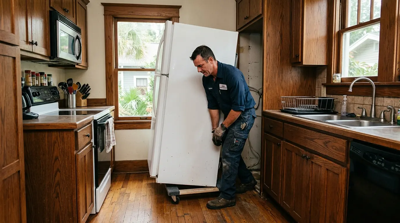 technician pulling a refrigerator forward in a narrow galley kitchen of a craftsman bungalow in Seminole Heights Tampa Florida, photorealistic