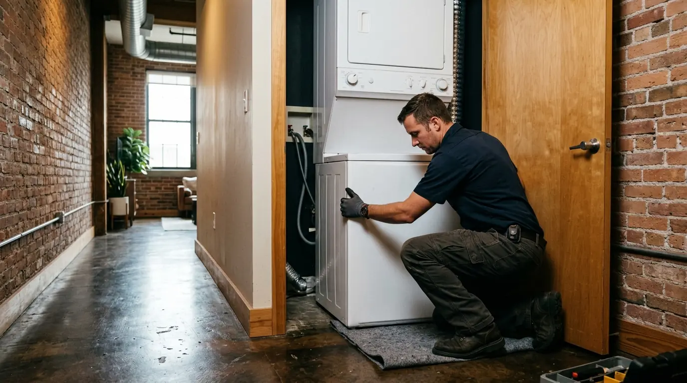 technician easing a stacked laundry unit out of a narrow hallway closet inside a Channel District loft in Tampa Florida, photorealistic