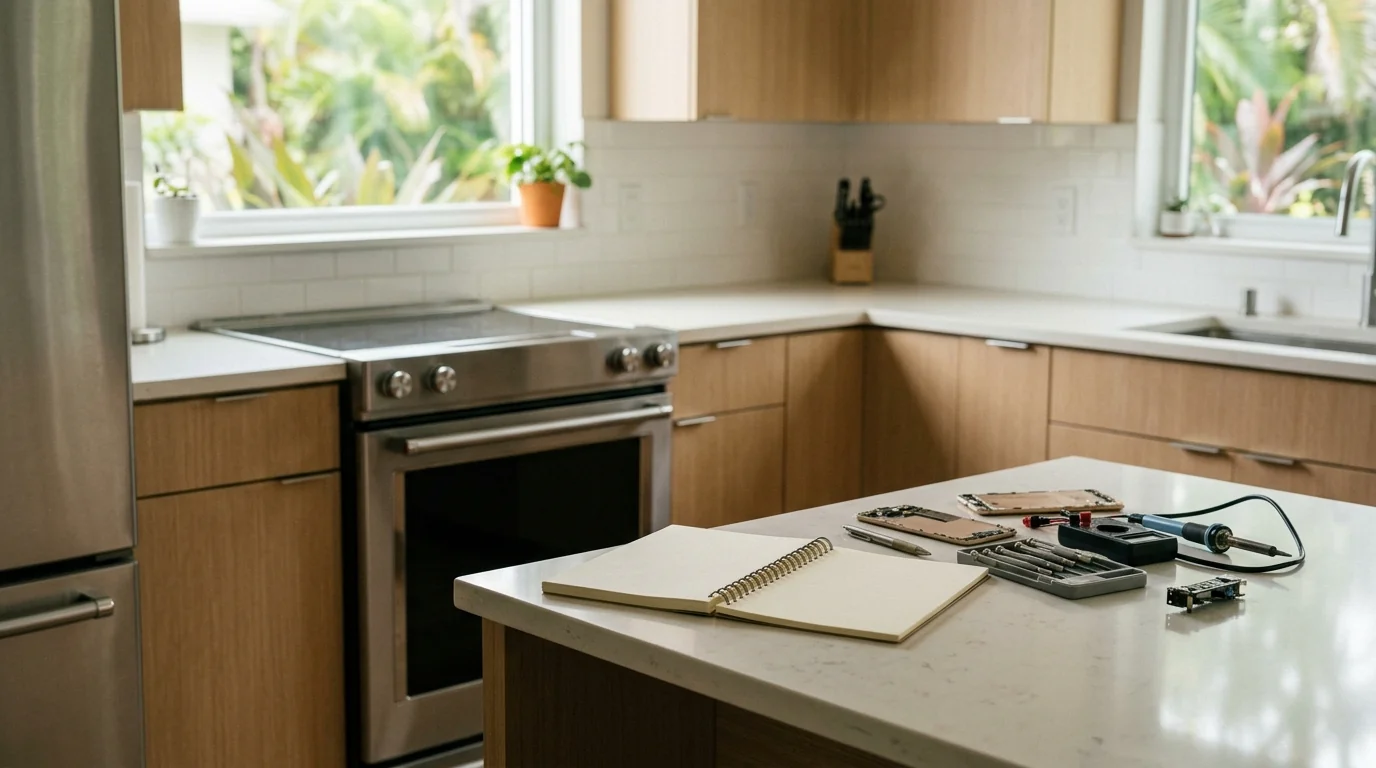 clean modern Tampa Florida kitchen with a notebook and repair tools on the counter beside stainless appliances, editorial composition, photorealistic
