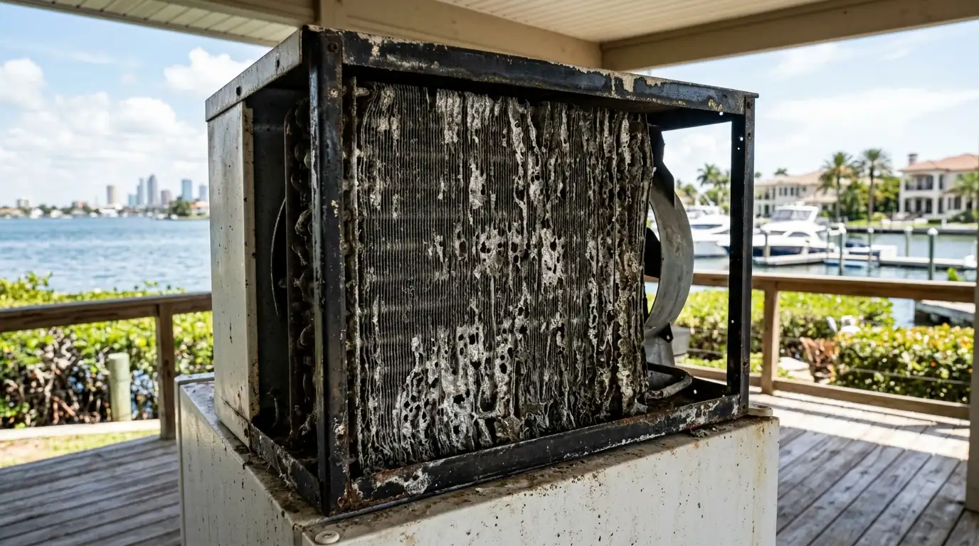 close view of corroded and pitted aluminum condenser fins on a refrigerator at a waterfront property on Davis Islands Tampa Florida, photorealistic