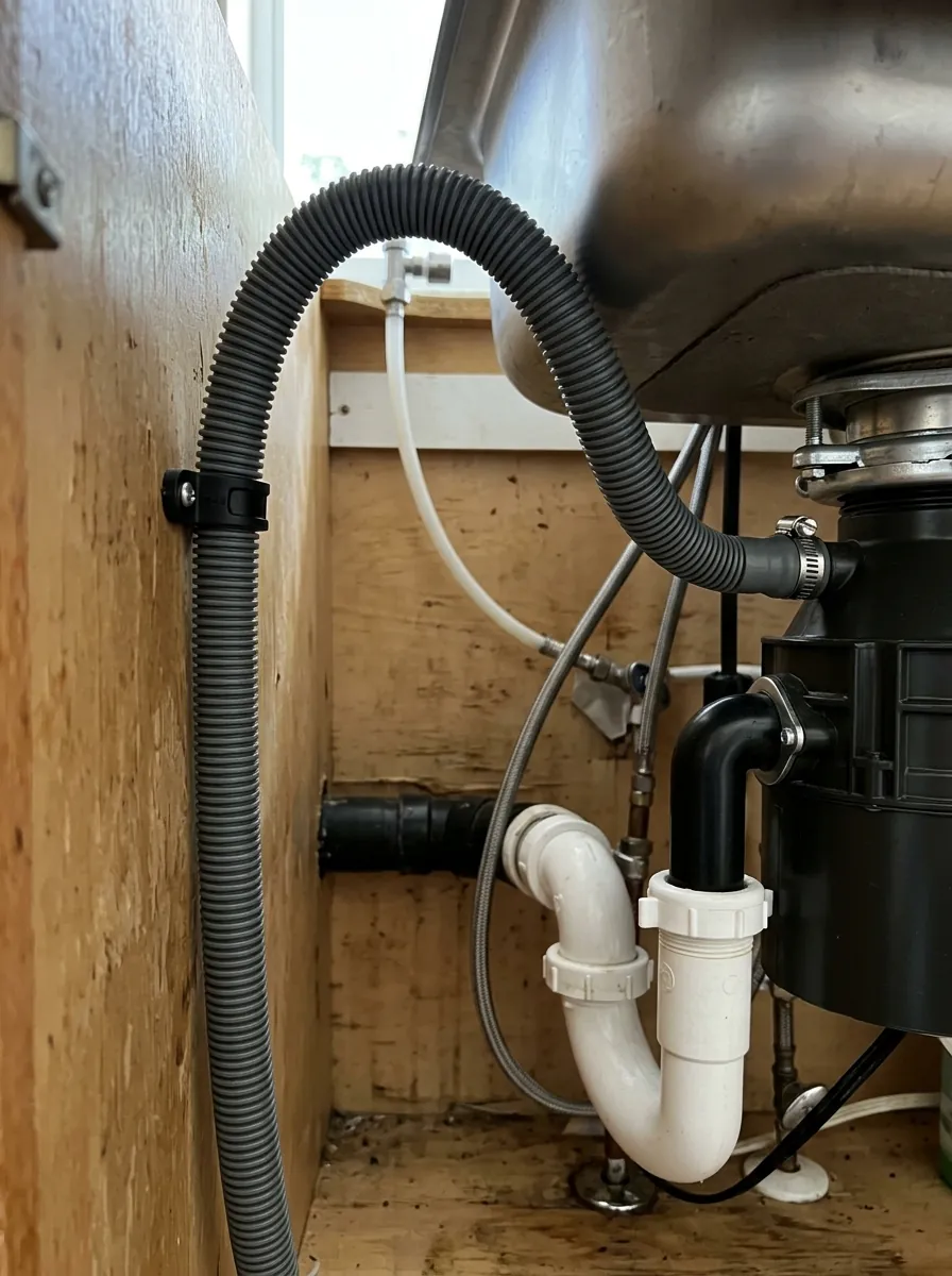 close view of a dishwasher drain hose formed into a high loop under a Tampa Florida kitchen sink before connection to the disposal, photorealistic