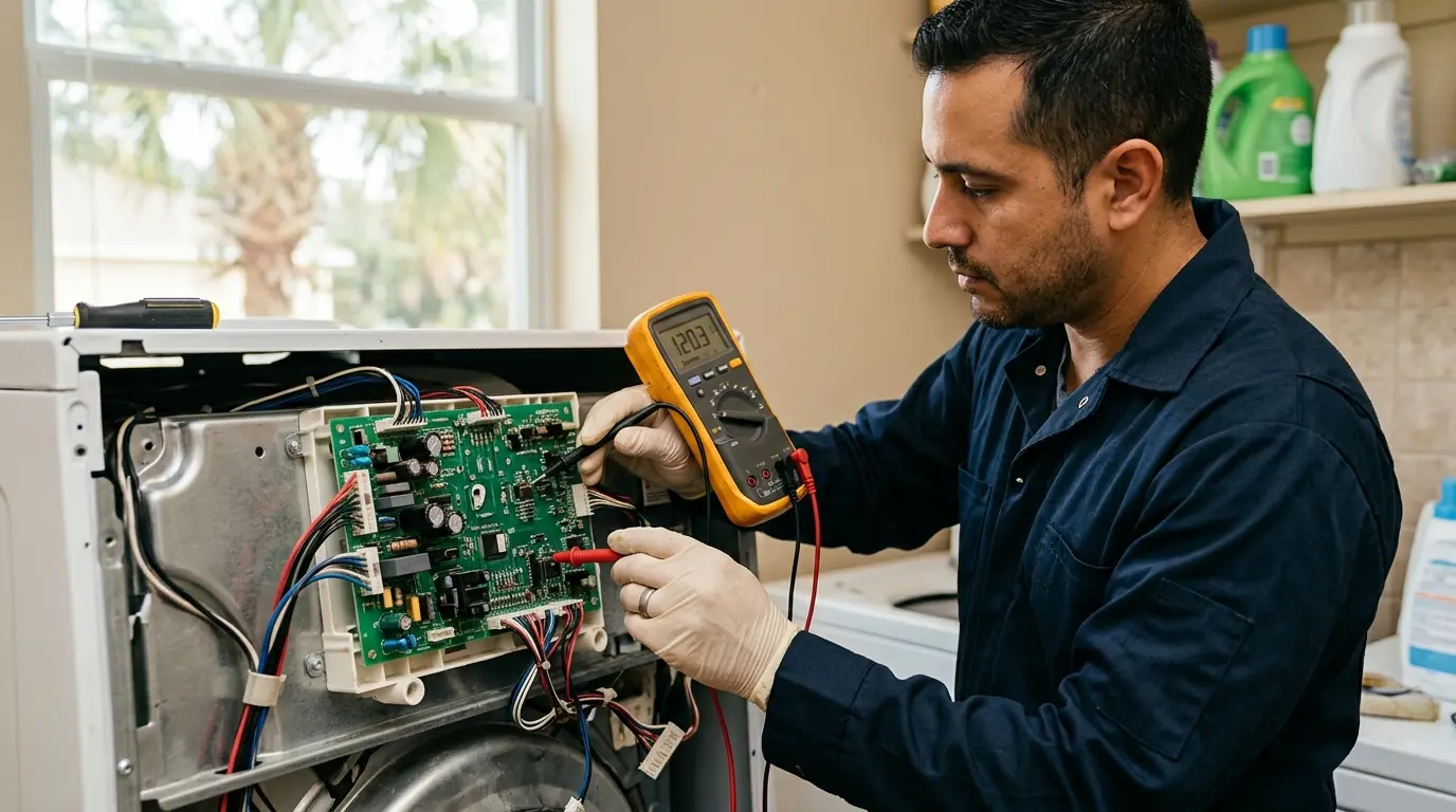 technician holding a digital multimeter against an appliance control board in a Tampa Florida home, close detail, photorealistic