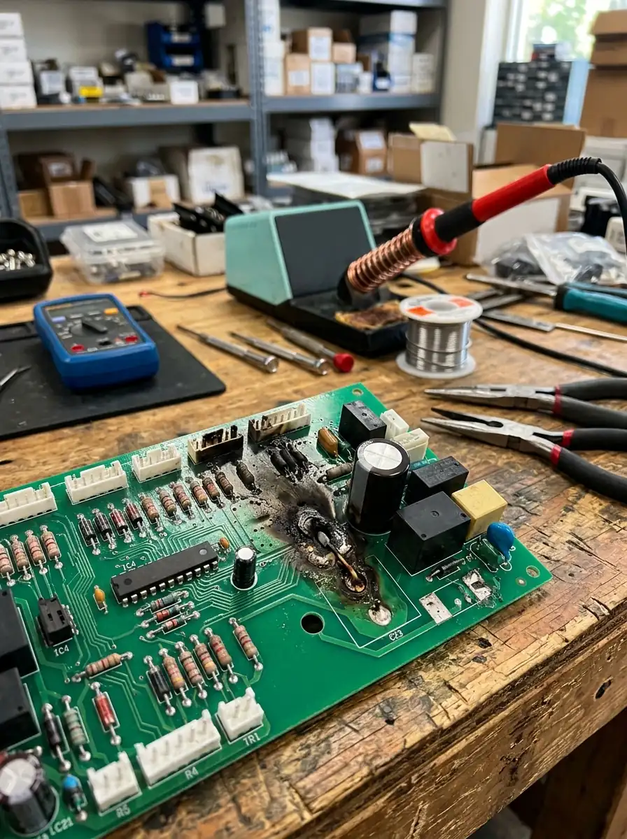 close view of an appliance electronic control board with visible burn mark on a solder joint, workbench detail, Tampa Florida service shop, photorealistic