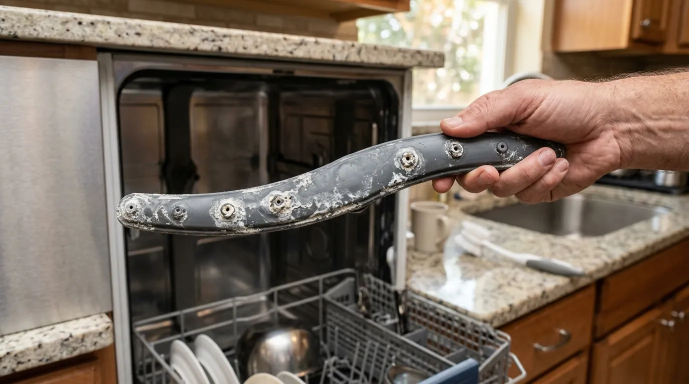 close view of a dishwasher upper spray arm with scale narrowed jets held beside an open machine in a South Howard Tampa Florida kitchen, photorealistic