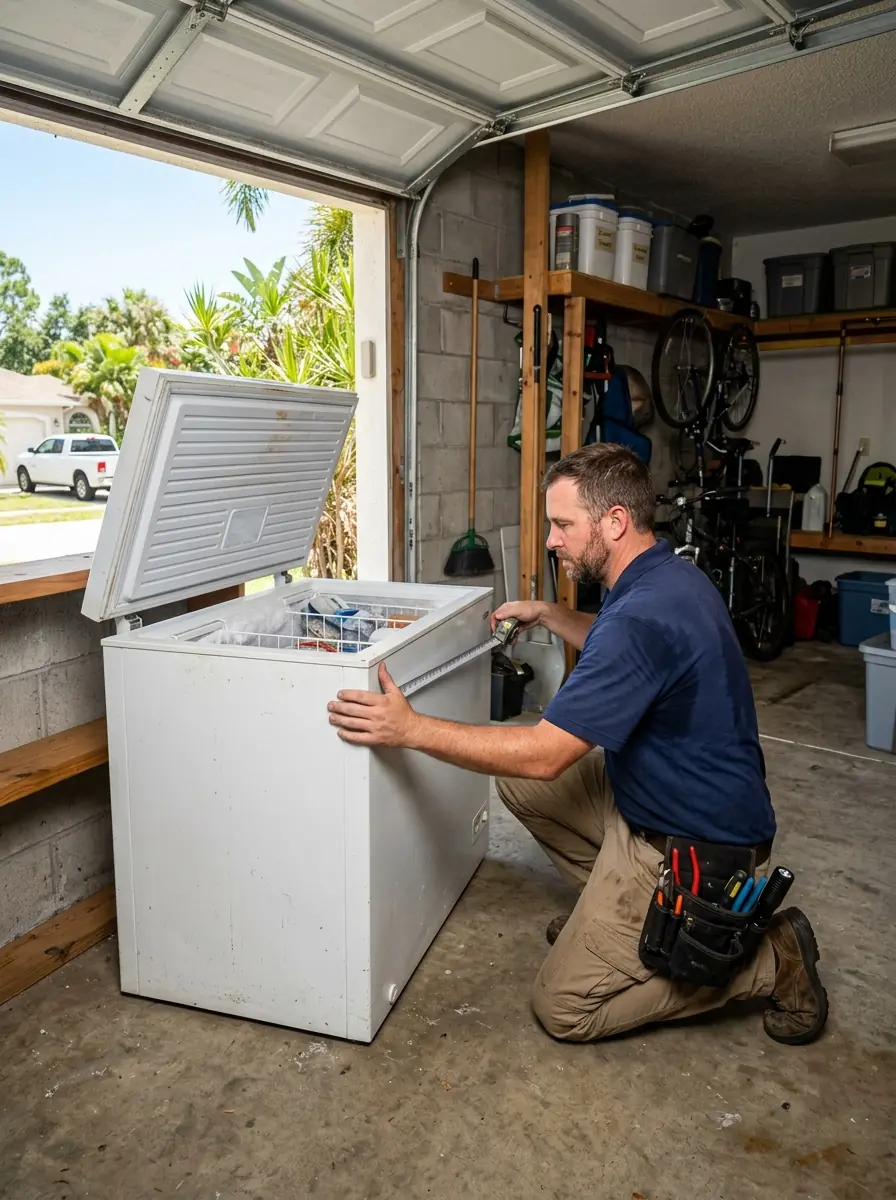 second refrigerator and chest freezer standing in a hot Tampa Florida garage with the door open and a technician checking clearance, photorealistic