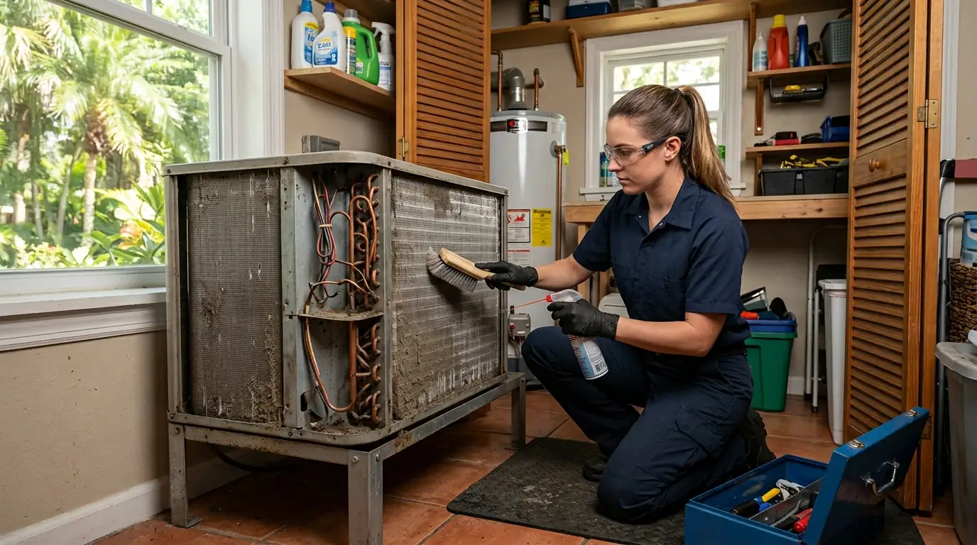 technician cleaning a dust packed refrigerator condenser in a small enclosed kitchen of a Tampa Florida cottage, photorealistic