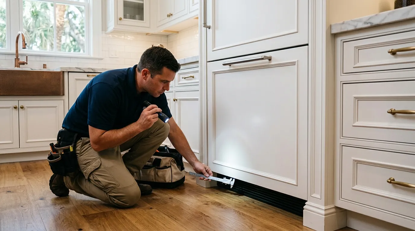 technician checking the ventilation grille clearance of a panel ready refrigerator fitted into custom cabinetry in a Hyde Park Tampa Florida kitchen, photorealistic